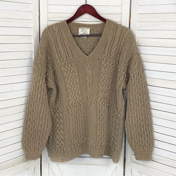 Express 90s Vintage Hand Knit Oversized Chunky Sweater Tan Taupe Medium V Neck - Picture 7 of 11